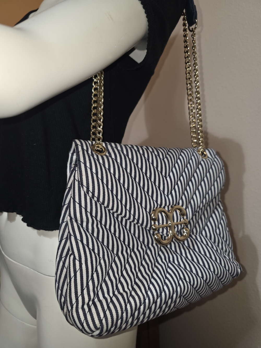 EXPRESS Quilted Nautical Pinstripe Chain Strap Shoulder Bag Gold Hardware